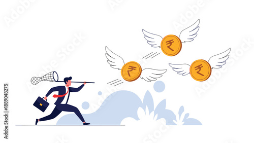 Businessman running with a net trying to catch flying gold coins with wings representing the active pursuit of wealth and financial success.