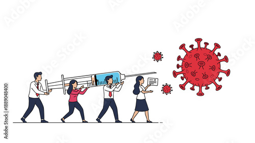 Group of medical professionals carrying a giant syringe to fight against a large red virus icon representing global pandemic vaccinations.
