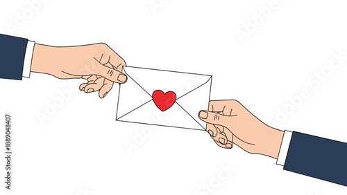 Two hands of business people exchanging a white envelope with a red heart sticker representing corporate philanthropy or a secret message.