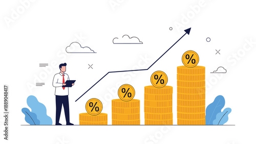 Businessman holding a digital tablet next to stacks of gold coins with percent signs and a rising graph representing investment growth.