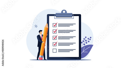 Businessman in a suit standing next to a large clipboard and marking checkmarks with a giant orange pencil representing task completion.