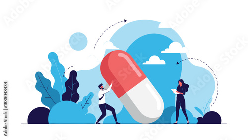 Man pushing a giant red and white medical pill while a woman with a clipboard watches representing pharmaceutical industry production work.