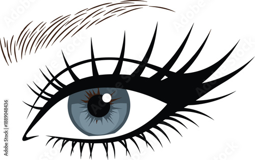 Detailed female eye with long eyelashes and eyebrow isolated on white background beauty makeup fashion vision vector illustration