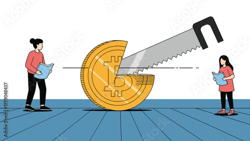 Saw cutting a bitcoin gold coin in half while two people look at blueprints or charts representing cryptocurrency fork or split concepts.