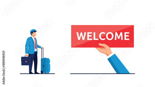 Traveler man with a suitcase and briefcase arriving while a hand holds a red welcome sign representing hospitality and airport services.