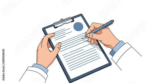 Top view of professional doctor hands in a white lab coat writing on a medical report on a clipboard with a blue pen for patient diagnosis.
