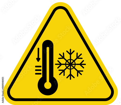 Cold temperature warning sign with thermometer and snowflake vector illustration for safety and weather alerts isolated on white background