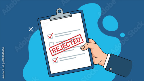Hand holding a clipboard with a red rejected stamp on top of checkmarks representing loan denial or application refusal in business deals.