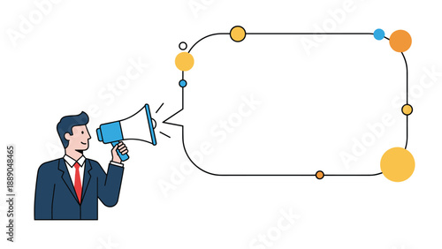 Businessman speaking into a megaphone with a large empty speech bubble for corporate announcements and advertising space for text input.