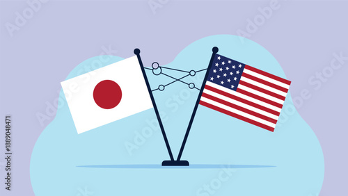 Crossed flags of Japan and the United States of America connected with lines representing diplomatic relations and international partnership.