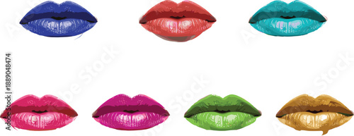 Colorful glossy lipstick lips collection isolated on white background vibrant makeup beauty fashion pop art vector illustration set
