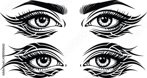 Set of tribal eye illustrations with bold black line art lashes eyebrows tattoo style graphic vector design elements