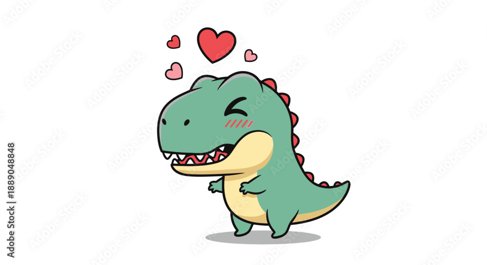 Fototapeta premium Sweet Cartoon Green Dinosaur Blushing with Hearts, Expressing Shy Love and Affection