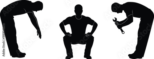 Worker silhouette set showing bending sitting and repairing with wrench manual labor mechanic construction industry occupation vector illustration