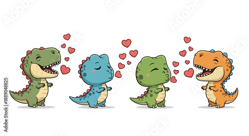 Four Adorable Cartoon Dinosaurs Expressing Love with Hearts, a Cute Playful Illustration