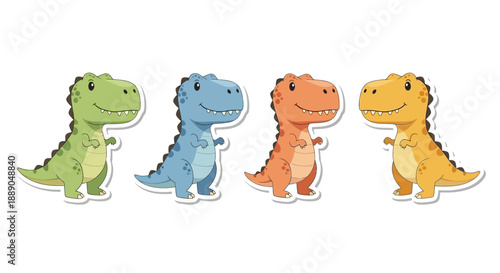Four Adorable Cartoon Dinosaurs in Green, Blue, Orange, and Yellow Colors Standing Happily