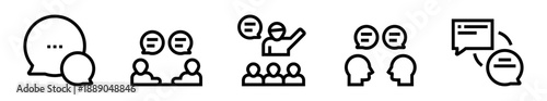 Conjunto de iconos de charlar. Conversación directa, diálogo entre personas, presentación grupal, intercambio de ideas, comunicación conectada. Ilustración vectorial lineal