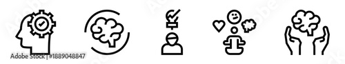 Conjunto de iconos de mentalidad. Pensamiento positivo, aprendizaje continuo, ideas validadas, meditación, equilibrio mental. Ilustración vectorial lineal