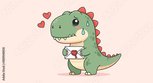 Nervous Green Dinosaur Cartoon with Red Hearts, Holding a Secret Love Letter Envelope