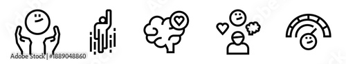 Conjunto de iconos de felicidad y mente positiva. Bienestar emocional, motivación y salud mental. Ilustración vectorial lineal