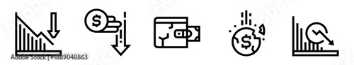 Conjunto de iconos de crisis financiera. Pérdidas económicas, caída de ingresos y riesgo monetario. Ilustración vectorial lineal