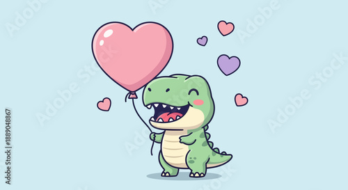 Sweet Green Cartoon Dinosaur Character Joyfully Holding a Pink Heart Balloon Surrounded by Floating Love Hearts