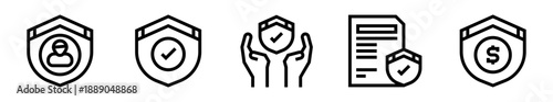 Conjunto de iconos de seguro. Protección, confianza, respaldo financiero y seguridad personal. Ilustración vectorial lineal