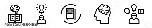Conjunto de iconos de conocimiento. Aprendizaje, ideas, pensamiento y desarrollo intelectual. Ilustración vectorial lineal