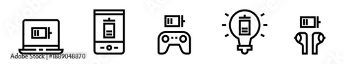 Conjunto de iconos de batería en dispositivos. Energía, carga digital, autonomía y consumo tecnológico. Ilustración vectorial lineal