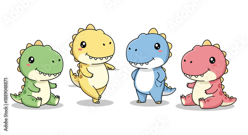 Adorable Cartoon Dinosaurs in Four Vibrant Colors Posing Happily on a White Background