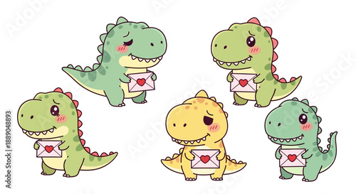 Adorable Cartoon Dinosaurs with Blushing Cheeks Holding Heartfelt Love Letters for Valentines Day