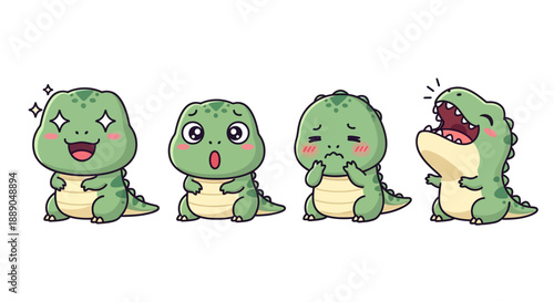 Adorable Cartoon Green Dinosaurs Portraying Diverse Emotions Including Excitement, Surprise, Sadness, and Roaring