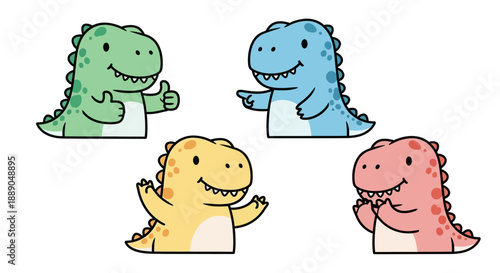 Adorable Collection of Four Colorful Cartoon Dinosaurs Expressing Various Happy Emotions and Gestures on a White Background