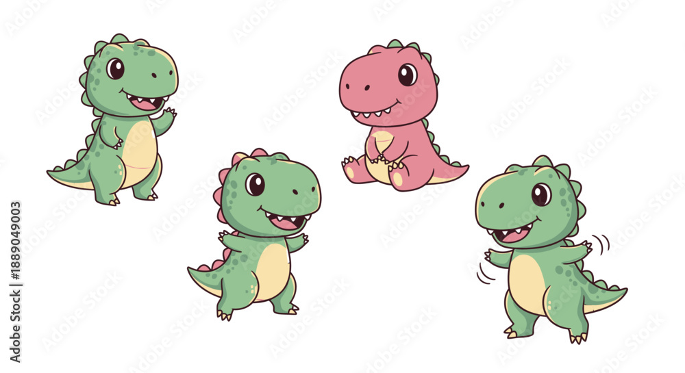 Fototapeta premium Set of Four Adorable Cartoon Baby Dinosaurs in Green and Pink, Smiling and Playfully Posing on a White Background