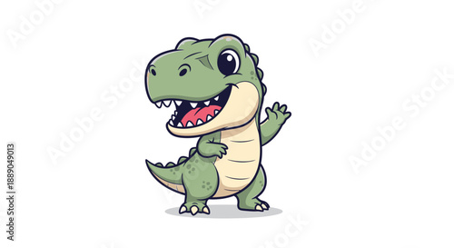 Vibrant Cartoon Illustration of a Friendly Green Dinosaur Character with Big Eyes Happily Waving