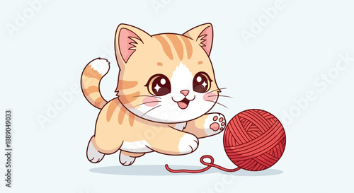 Adorable Kitten Playing with Red Yarn Ball