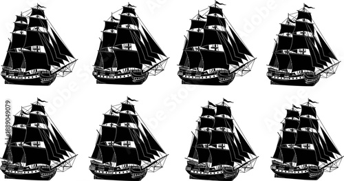 Vintage sailing ship silhouette vector illustration set, historic tall ships with sails, classic maritime vessels collection for naval history, travel, adventure, logo design