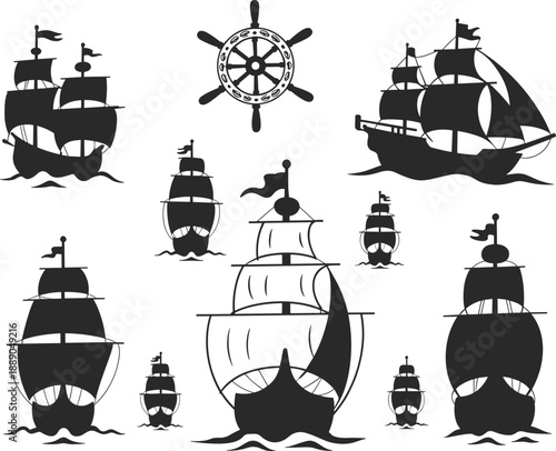 Vintage sailing ship silhouette vector illustration set, nautical vessel collection with ship wheel, marine adventure design, old pirate boat graphic art
