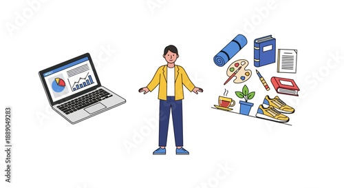 Man surrounded by office supplies and laptop