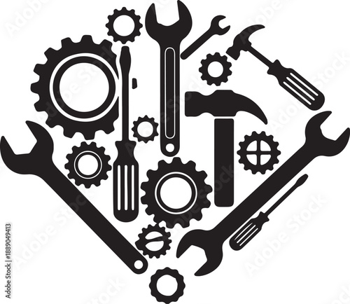 Collection of tools and machinery parts arranged in a circular pattern on transparent background