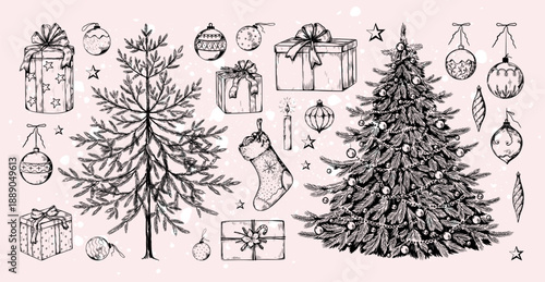 Vintage Merry Christmas tree. Hand drawn black and white sketch. Line retro gift or art Xmas present. New year ornament. Holiday sock or festive garland balls. Vector isolated elements set