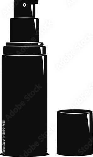 Black silhouette icon of pump spray bottle with open cap for cosmetic liquid dispensing in simple design