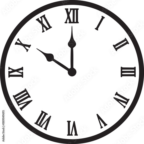 White clock face with roman numerals and black hands showing twelve oclock