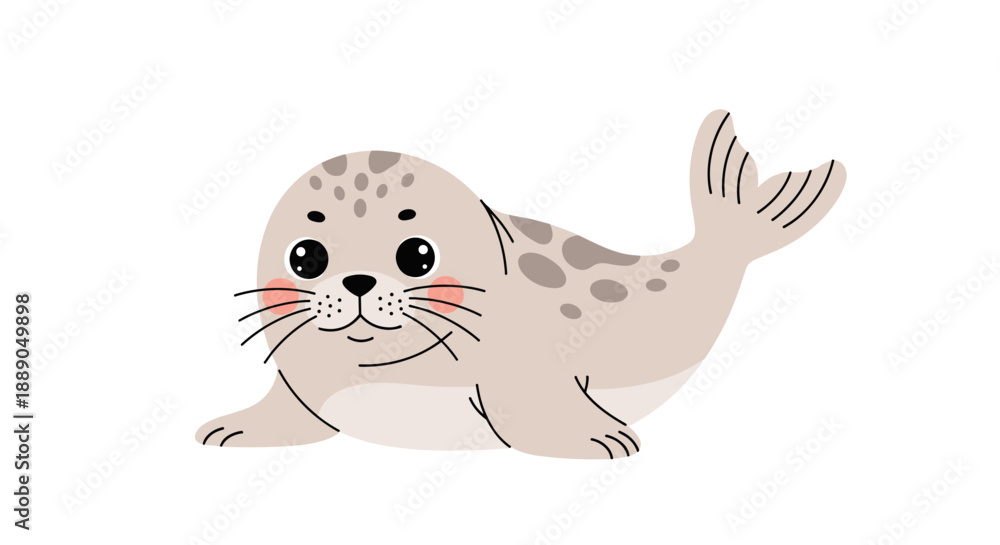 Obraz premium Adorable cartoon seal pup resting happily with cute spots and whiskers, ideal for children's book illustration, educational resource, or playful design on kids products because.