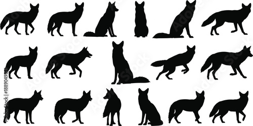 Black wolf silhouettes collection featuring wild canine animals in multiple poses wildlife predator icons isolated on white background vector illustration for branding design use