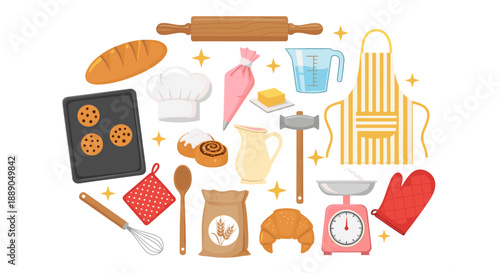 Cartoon Baking Utensils and Treats Still Life Illustration shows a collection of essential kitchenware for cooking delicious food, including bread, cookies, and pastries, perfect f.