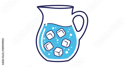 Refreshing Pitcher of Iced Water Illustration: A vibrant, simple graphic featuring a glass pitcher filled with cool blue liquid and ice cubes, perfect for summer hydration, beverag.