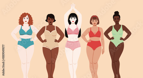 Diverse Women Posing in Swimwear Showcase Body Positivity and Self-Love Illustration with Various Shapes and Skin Tones to Promote Health, Wellness, and Body Confidence for Lifesty.