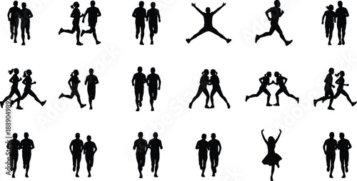 Collection of running people silhouettes showing men and women jogging, sprinting and exercising, black human figures representing fitness training, active lifestyle, teamwork 