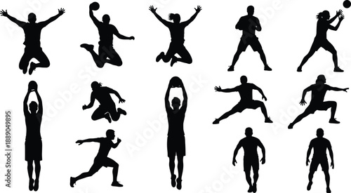 Collection of dynamic sports silhouettes showing athletes jumping, running, stretching, throwing and exercising, isolated black human figures representing fitness, action, movement and 